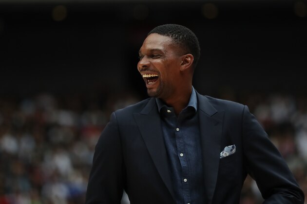 SAITAMA, JAPAN - OCTOBER 10: Retired NBA player Chris Bosh smiles during the preseason game between Toronto Raptors and Houston Rockets at Saitama Super Arena on October 10, 2019 in Saitama, Japan. NOTE TO USER: User expressly acknowledges and agrees that, by downloading and/or using this photograph, user is consenting to the terms and conditions of the Getty Images License Agreement. (Photo by Takashi Aoyama/Getty Images) SAITAMA, JAPAN - OCTOBER 10: Retired NBA player Chris Bosh smiles during the preseason game between Toronto Raptors and Houston Rockets at Saitama Super Arena on October 10, 2019 in Saitama, Japan. NOTE TO USER: User expressly acknowledges and agrees that, by downloading and/or using this photograph, user is consenting to the terms and conditions of the Getty Images License Agreement. (Photo by Takashi Aoyama/Getty Images)