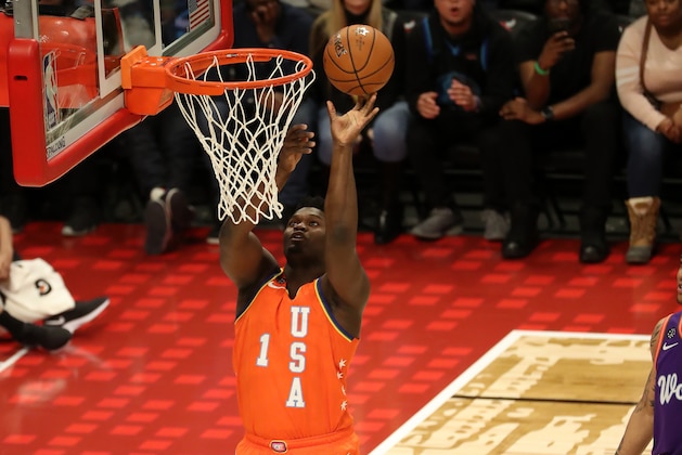 CHICAGO, IL - FEBRUARY 14: Zion Williamson #1 of Team USA shoots the ball against Team World during the 2020 NBA All-Star Rising Stars Game on February 14, 2020 at the United Center in Chicago, Illinois. NOTE TO USER: User expressly acknowledges and agrees that, by downloading and or using this photograph, User is consenting to the terms and conditions of the Getty Images License Agreement. Mandatory Copyright Notice: Copyright 2020 NBAE (Photo by Joe Murphy/NBAE via Getty Images)