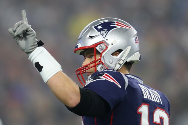 FOXBOROUGH, MASSACHUSETTS - JANUARY 04: Tom Brady #12 of the New England Patriots signals to teammates during the AFC Wild Card Playoff game against the Tennessee Titans at Gillette Stadium on January 04, 2020 in Foxborough, Massachusetts. (Photo by Maddie Meyer/Getty Images)