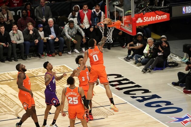 CHICAGO, IL - FEBRUARY 14: Miles Bridges #0 of Team USA dunks the ball against Team World during the 2020 NBA All-Star Rising Stars Game on February 14, 2020 at the United Center in Chicago, Illinois. NOTE TO USER: User expressly acknowledges and agrees that, by downloading and or using this photograph, User is consenting to the terms and conditions of the Getty Images License Agreement. Mandatory Copyright Notice: Copyright 2020 NBAE (Photo by Joe Murphy/NBAE via Getty Images)