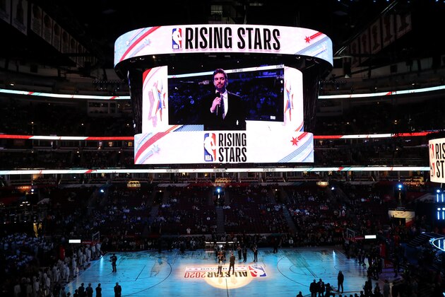CHICAGO, IL - FEBRUARY 14: Pau Gasol speaks to the crowd before the 2020 NBA All-Star Rising Stars Game on February 14, 2020 at the United Center in Chicago, Illinois. NOTE TO USER: User expressly acknowledges and agrees that, by downloading and or using this photograph, User is consenting to the terms and conditions of the Getty Images License Agreement. Mandatory Copyright Notice: Copyright 2020 NBAE (Photo by Joe Murphy/NBAE via Getty Images)