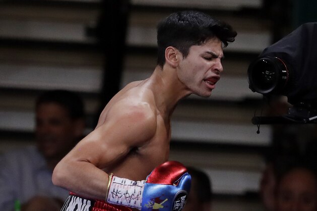 Ryan Garcia celebrates after defeating Romero Duno in their lightweight boxing match Saturday, Nov. 2, 2019, in Las Vegas. (AP Photo/Isaac Brekken)