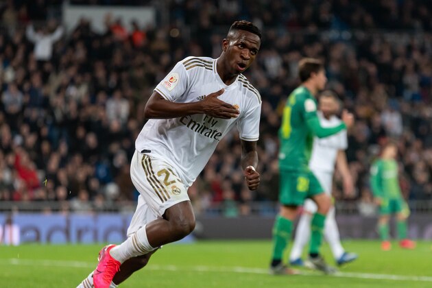 MADRID, SPAIN - FEBRUARY 06: (BILD ZEITUNG OUT) Vinicius Jr. of Real Madrid celebrates after scoring a goal which is later disallowed following a VAR check during the Copa del Rey match between Real Madrid and Real Sociedad at Estadio Santiago Bernabeu on February 06, 2020 in Madrid, Spain. (Photo by DeFodi Images via Getty Images)