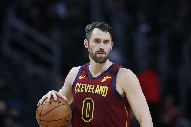 Cleveland Cavaliers forward Kevin Love controls the ball during the first half of an NBA basketball game, Monday, Jan. 27, 2020, in Detroit. (AP Photo/Carlos Osorio)