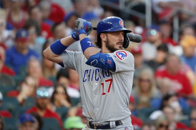 Chicago Cubs' Kris Bryant bats during the fourth inning of a baseball game against the St. Louis Cardinals Thursday, Aug. 1, 2019, in St. Louis. (AP Photo/Jeff Roberson)
