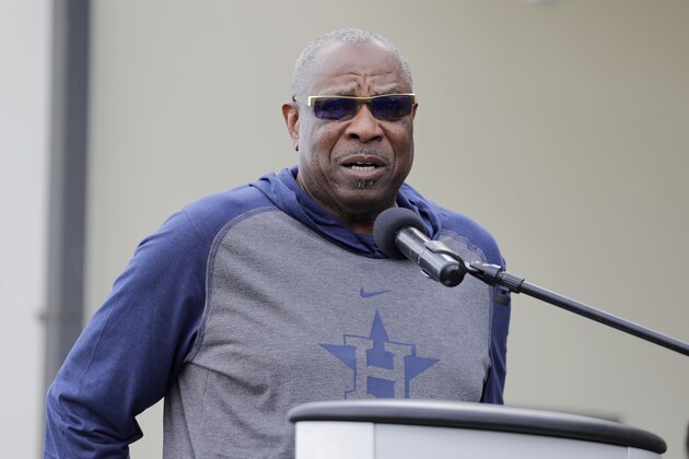 Houston Astros manager Dusty Baker speaks during a news conference before the start of the first official spring training baseball practice for the team Thursday, Feb. 13, 2020, in West Palm Beach, Fla. (AP Photo/Jeff Roberson)