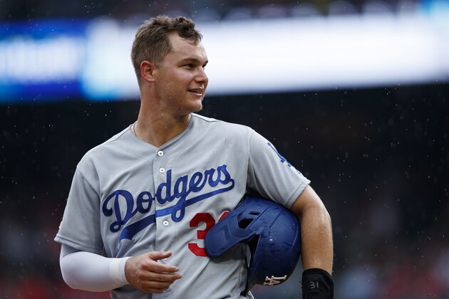 Los Angeles Dodgers' Joc Pederson stands on base during a baseball game against the Philadelphia Phillies, Thursday, July 18, 2019, in Philadelphia. (AP Photo/Matt Slocum)