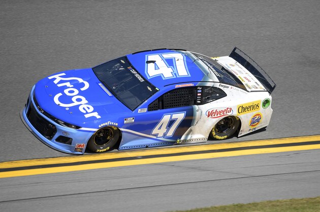 Ricky Stenhouse Jr. (47) makes his way through Turn 4 during NASCAR Daytona 500 auto race qualifying at Daytona International Speedway Sunday, Feb. 9, 2020 in Daytona Beach, Fla. (AP Photo/Phelan M. Ebenhack)