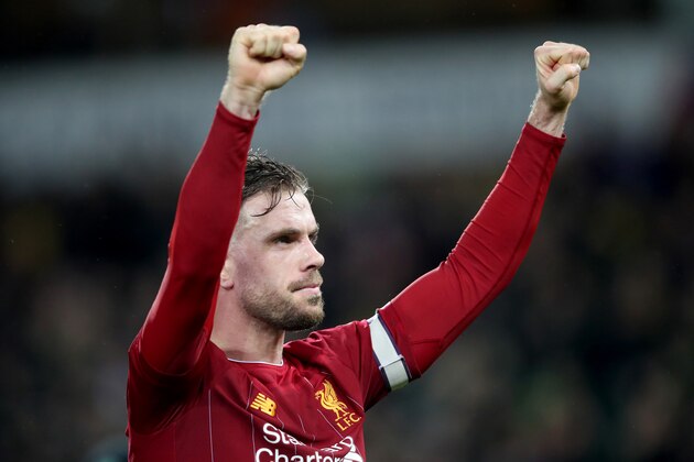 NORWICH, ENGLAND - FEBRUARY 15: Jordan Henderson of Liverpool celebrates during the Premier League match between Norwich City and Liverpool FC at Carrow Road on February 15, 2020 in Norwich, United Kingdom. (Photo by Marc Atkins/Getty Images)