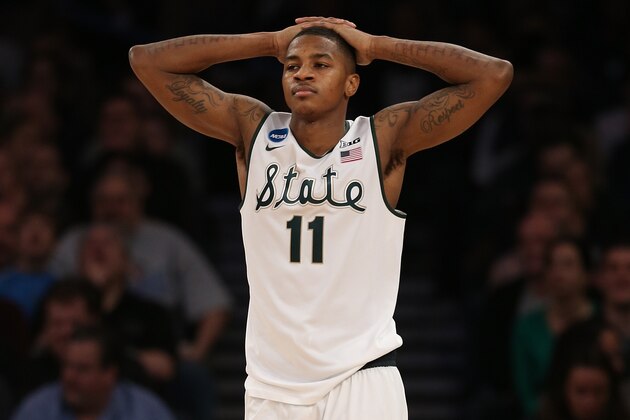 NEW YORK, NY - MARCH 30: Keith Appling #11 of the Michigan State Spartans reacts against the Connecticut Huskies during the East Regional Final of the 2014 NCAA Men's Basketball Tournament at Madison Square Garden on March 30, 2014 in New York City. (Photo by Bruce Bennett/Getty Images) NEW YORK, NY - MARCH 30: Keith Appling #11 of the Michigan State Spartans reacts against the Connecticut Huskies during the East Regional Final of the 2014 NCAA Men's Basketball Tournament at Madison Square Garden on March 30, 2014 in New York City. (Photo by Bruce Bennett/Getty Images)