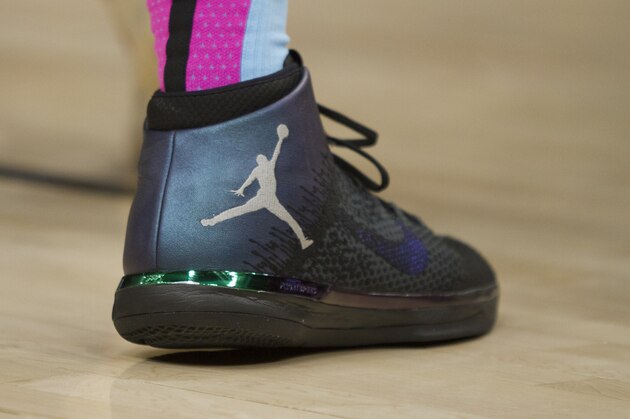 SALT LAKE CITY, UT -  FEBRUARY 12:  A Nike basketball shoe worn by Jimmy Butler #22 of the Miami Heat lights up as the pivots during a game against the Utah Jazz at the Vivint Smart Home Arena on February 12, 2020 in Salt Lake City, Utah. NOTE TO USER: User expressly acknowledges and agrees that, by downloading and or using this photograph, User is consenting to the terms and conditions of the Getty Images License Agreement.(Photo by Chris Gardner/Getty Images)