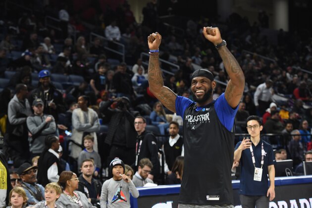 CHICAGO, IL - FEBRUARY 15: LeBron James of Team LeBron reacts during Practice and Media Availability presented by AT&T as part of 2020 NBA All-Star Weekend on February 15, 2020 at Wintrust Arena in Chicago, Illinois. NOTE TO USER: User expressly acknowledges and agrees that, by downloading and/or using this Photograph, user is consenting to the terms and conditions of the Getty Images License Agreement. Mandatory Copyright Notice: Copyright 2020 NBAE (Photo by Juan Ocampo/NBAE via Getty Images)