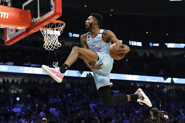 Miami Heat's Derrick Jones Jr. heads to the basket during the NBA All-Star slam dunk contest in Chicago, Saturday, Feb. 15, 2020. (AP Photo/Nam Y. Huh)