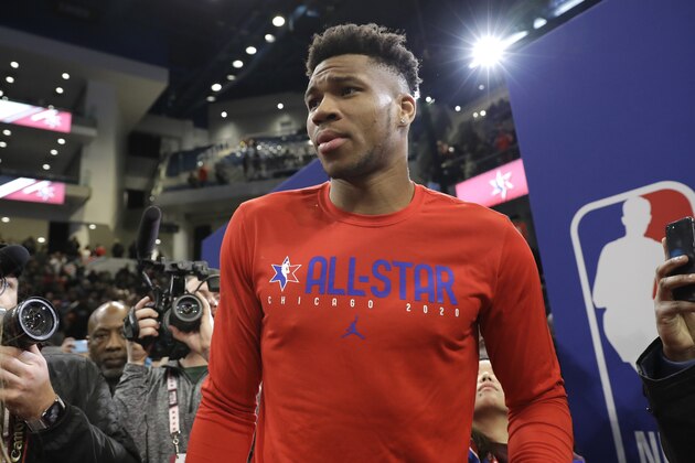 Giannis Antetokounmpo, of the Milwaukee Bucks, attends the NBA All-Star basketball game media day, Saturday, Feb. 15, 2020, in Chicago.(AP Photo/Nam Y. Huh)