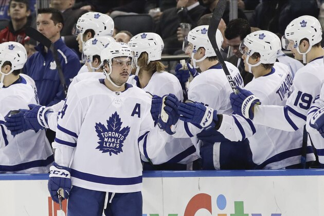Toronto Maple Leafs' Auston Matthews (34) celebrates with teammates after scoring a goal during the second period of an NHL hockey game against the New York Rangers Wednesday, Feb. 5, 2020, in New York. (AP Photo/Frank Franklin II)