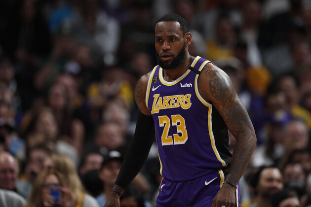 Los Angeles Lakers forward LeBron James (23) in the second half overtime of an NBA basketball game Wednesday, Feb. 12, 2020, in Denver. The Lakers won 120-116 in overtime. (AP Photo/David Zalubowski)