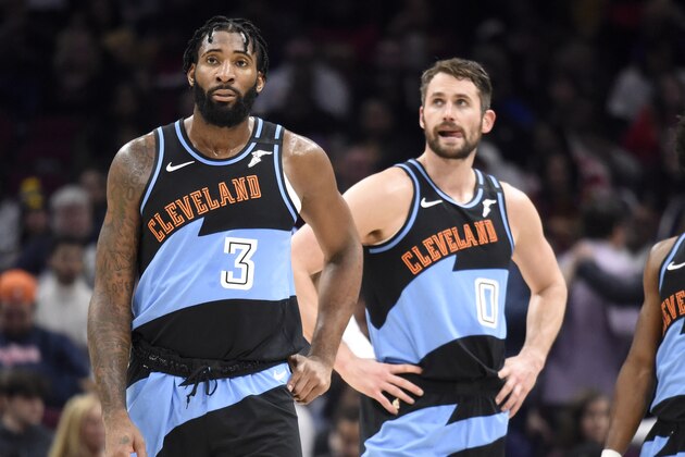 CLEVELAND, OHIO - FEBRUARY 09: Andre Drummond #3 Kevin Love #0 and Collin Sexton #2 of the Cleveland Cavaliers wait for a play during the second half against the LA Clippers at Rocket Mortgage Fieldhouse on February 09, 2020 in Cleveland, Ohio. The Clippers defeated the Cavaliers 133-92. NOTE TO USER: User expressly acknowledges and agrees that, by downloading and/or using this photograph, user is consenting to the terms and conditions of the Getty Images License Agreement. (Photo by Jason Miller/Getty Images)