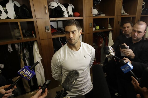 San Francisco 49ers quarterback Jimmy Garoppolo speaks to reporters at the team's NFL football training facility in Santa Clara, Calif., Wednesday, Feb. 5, 2020. (AP Photo/Jeff Chiu)