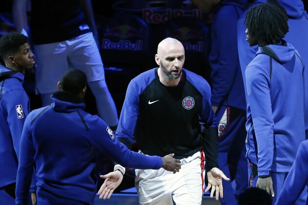 LOS ANGELES, CA - JANUARY 28: Marcin Gortat #13 of the LA Clippers is introduced prior to a game against the Atlanta Hawks on January 28, 2019 at STAPLES Center in Los Angeles, California. NOTE TO USER: User expressly acknowledges and agrees that, by downloading and/or using this Photograph, user is consenting to the terms and conditions of the Getty Images License Agreement. Mandatory Copyright Notice: Copyright 2019 NBAE (Photo by Chris Elise/NBAE via Getty Images)