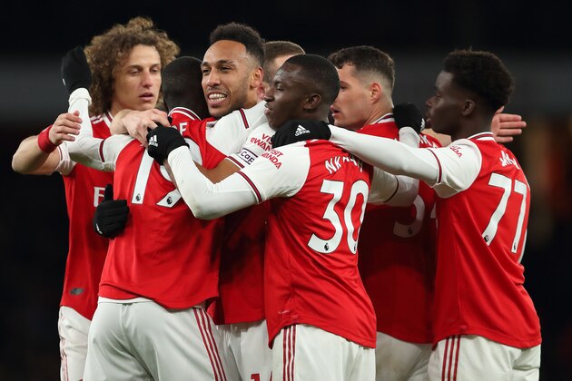 LONDON, ENGLAND - FEBRUARY 16: Pierre-Emerick Aubameyang of Arsenal celebrates after scoring a goal to make it 1-0 during the Premier League match between Arsenal FC and Newcastle United at Emirates Stadium on February 16, 2020 in London, United Kingdom. (Photo by James Williamson - AMA/Getty Images)