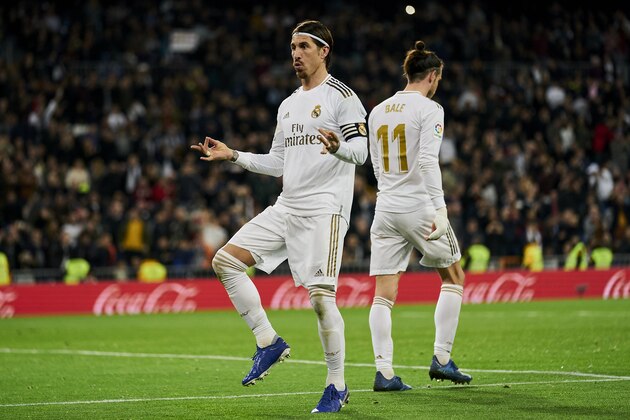 MADRID, SPAIN - FEBRUARY 16: Sergio Ramos of Real Madrid celebrates a goal during the Liga match between Real Madrid CF and RC Celta de Vigo at Estadio Santiago Bernabeu on February 16, 2020 in Madrid, Spain. (Photo by Perez Meca/MB Media/Getty Images)