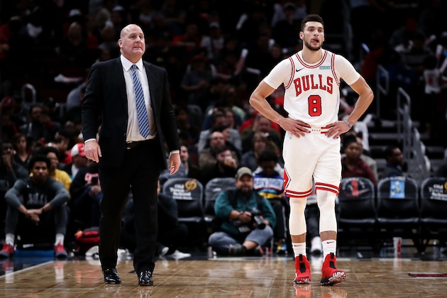CHICAGO, ILLINOIS - OCTOBER 17:  Head coach Jim Boylen of the Chicago Bulls meets with Zach LaVine #8 in the third quarter against the Atlanta Hawks during a preseason game at the United Center on October 17, 2019 in Chicago, Illinois. NOTE TO USER: User expressly acknowledges and agrees that, by downloading and/or using this photograph, user is consenting to the terms and conditions of the Getty Images License Agreement. (Photo by Dylan Buell/Getty Images)