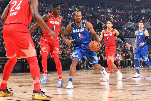CHICAGO, IL - FEBRUARY 16: Kawhi Leonard #2 of Team LeBron handles the ball during the 69th NBA All-Star Game on February 16, 2020 at the United Center in Chicago, Illinois. NOTE TO USER: User expressly acknowledges and agrees that, by downloading and or using this photograph, User is consenting to the terms and conditions of the Getty Images License Agreement. Mandatory Copyright Notice: Copyright 2020 NBAE (Photo by Jesse D. Garrabrant/NBAE via Getty Images)