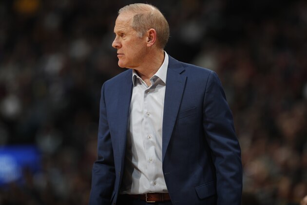 Cleveland Cavaliers head coach John Beilein in the second half of an NBA basketball game Saturday, Jan. 11, 2020, in Denver. The Cavaliers won 111-103. (AP Photo/David Zalubowski)