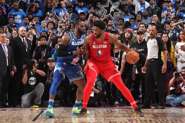 CHICAGO, IL - FEBRUARY 16: Joel Embiid #24  of Team Giannis posts up on LeBron James #2 of Team LeBron during the 69th NBA All-Star Game on February 16, 2020 at the United Center in Chicago, Illinois. NOTE TO USER: User expressly acknowledges and agrees that, by downloading and or using this photograph, User is consenting to the terms and conditions of the Getty Images License Agreement. Mandatory Copyright Notice: Copyright 2020 NBAE (Photo by Nathaniel S. Butler/NBAE via Getty Images)