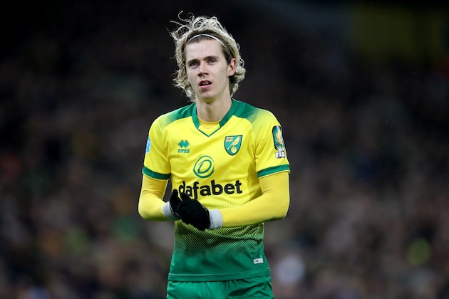 NORWICH, ENGLAND - FEBRUARY 15: Todd Cantwell of Norwich City during the Premier League match between Norwich City and Liverpool FC at Carrow Road on February 15, 2020 in Norwich, United Kingdom. (Photo by Marc Atkins/Getty Images)