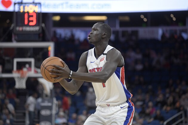 Detroit Pistons forward Thon Maker (7) sets up for a shot during the first half of an NBA basketball game against the Orlando Magic Wednesday, Feb. 12, 2020 in Orlando, Fla. (AP Photo/Phelan M. Ebenhack)