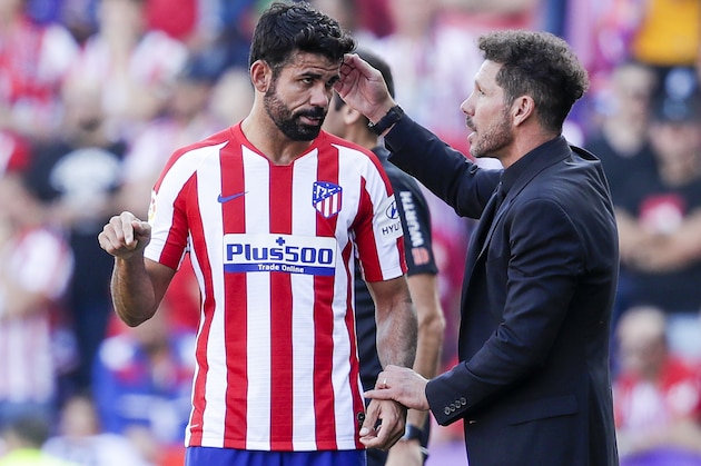 VALLADOLID, SPAIN - OCTOBER 6: (L-R) Diego Costa of Atletico Madrid, coach Diego Simeone of Atletico Madrid during the La Liga Santander  match between Real Valladolid v Atletico Madrid at the Estadio Nuevo José Zorrilla on October 6, 2019 in Valladolid Spain (Photo by David S. Bustamante/Soccrates/Getty Images)