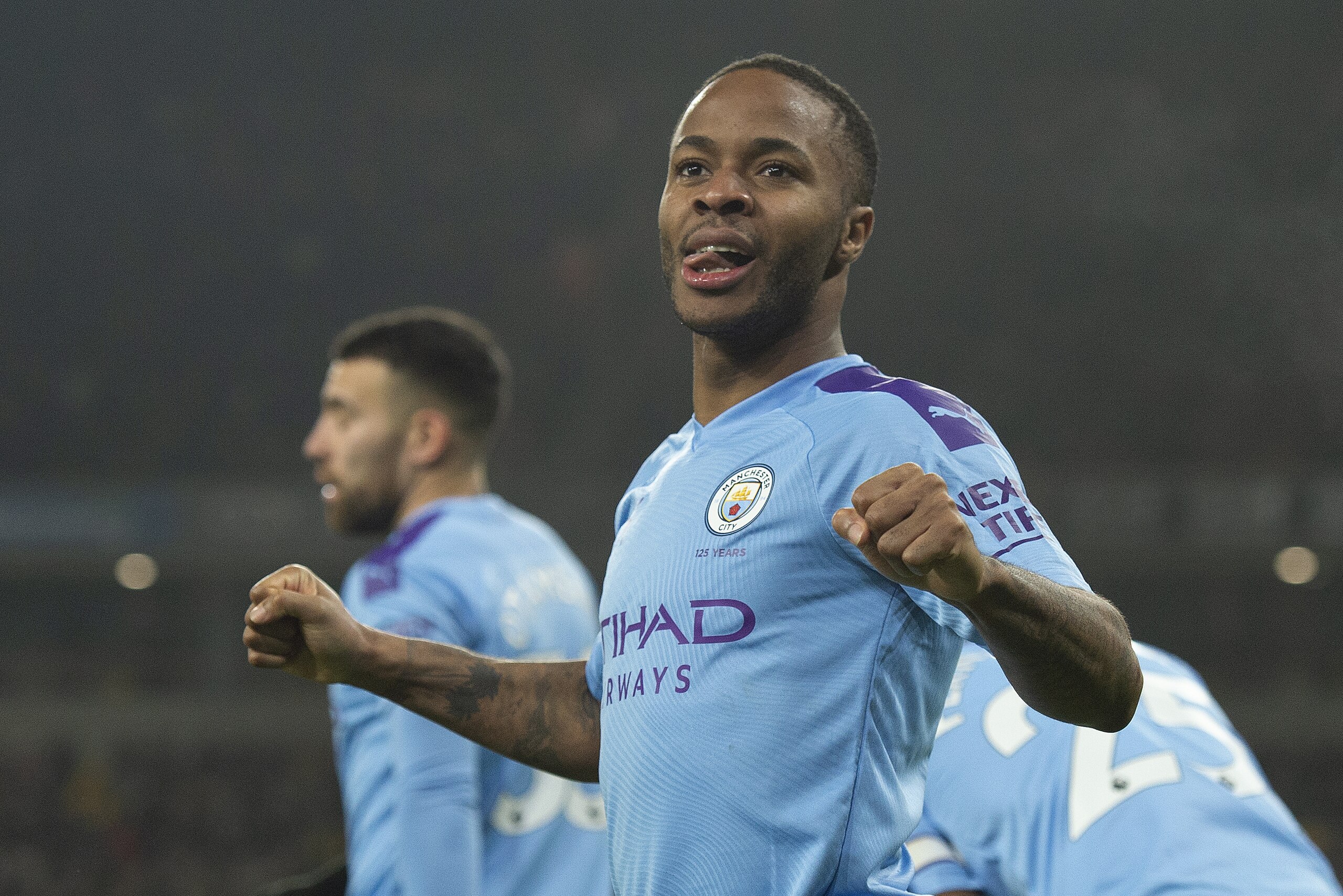 WOLVERHAMPTON, ENGLAND - DECEMBER 27: Raheem Sterling of Manchester City celebrates scoring his second goal during the Premier League match between Wolverhampton Wanderers and Manchester City at Molineux on December 27, 2019 in Wolverhampton, United Kingdom. (Photo by Visionhaus)