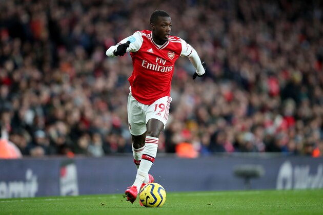 LONDON, ENGLAND - FEBRUARY 16: Nicolas Pepe of Arsenal during the Premier League match between Arsenal FC and Newcastle United at Emirates Stadium on February 16, 2020 in London, United Kingdom. (Photo by Marc Atkins/Getty Images)