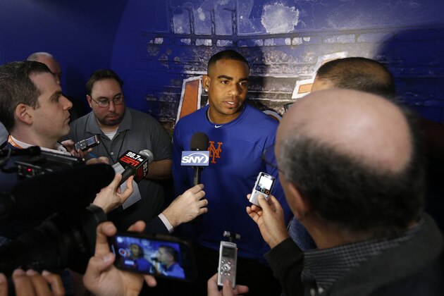 New York Mets' Yoenis Cespedes holds a news conference before a baseball game between the Mets and the Miami Marlins, Sunday, Sept. 30, 2018, in New York. (AP Photo/Jason DeCrow)