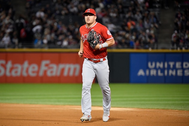 CHICAGO, ILLINOIS - SEPTEMBER 06: Mike Trout #27 of the Los Angeles Angels of Anaheim looks on against the Chicago White Sox at Guaranteed Rate Field on September 06, 2019 in Chicago, Illinois. (Photo by Quinn Harris/Getty Images)