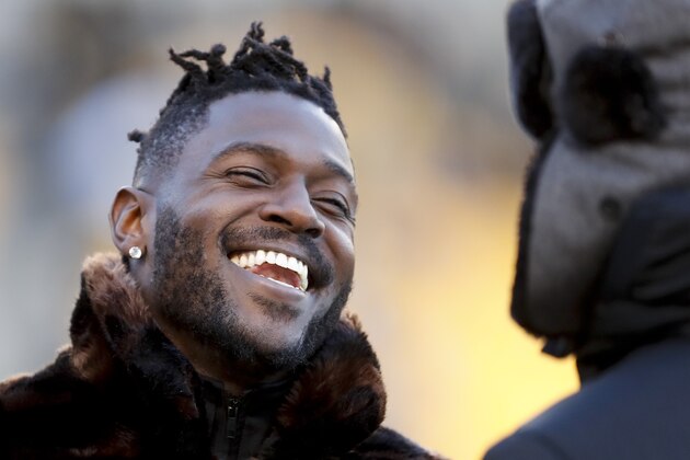 In this photo from Dec. 30, 2018, Pittsburgh Steelers wide receiver Antonio Brown, left, talks to former Steelers quarterback Charlie Batch as he stands on the sideline before an NFL football game against the Cincinnati Bengals, in Pittsburgh. Pittsburgh Steelers head coach Mike Tomlin says he's disappointed in the behavior of star wide receiver Antonio Brown but added the team has not received any formal trade request from Brown's camp. (AP Photo/Don Wright) In this photo from Dec. 30, 2018, Pittsburgh Steelers wide receiver Antonio Brown, left, talks to former Steelers quarterback Charlie Batch as he stands on the sideline before an NFL football game against the Cincinnati Bengals, in Pittsburgh. Pittsburgh Steelers head coach Mike Tomlin says he's disappointed in the behavior of star wide receiver Antonio Brown but added the team has not received any formal trade request from Brown's camp. (AP Photo/Don Wright)