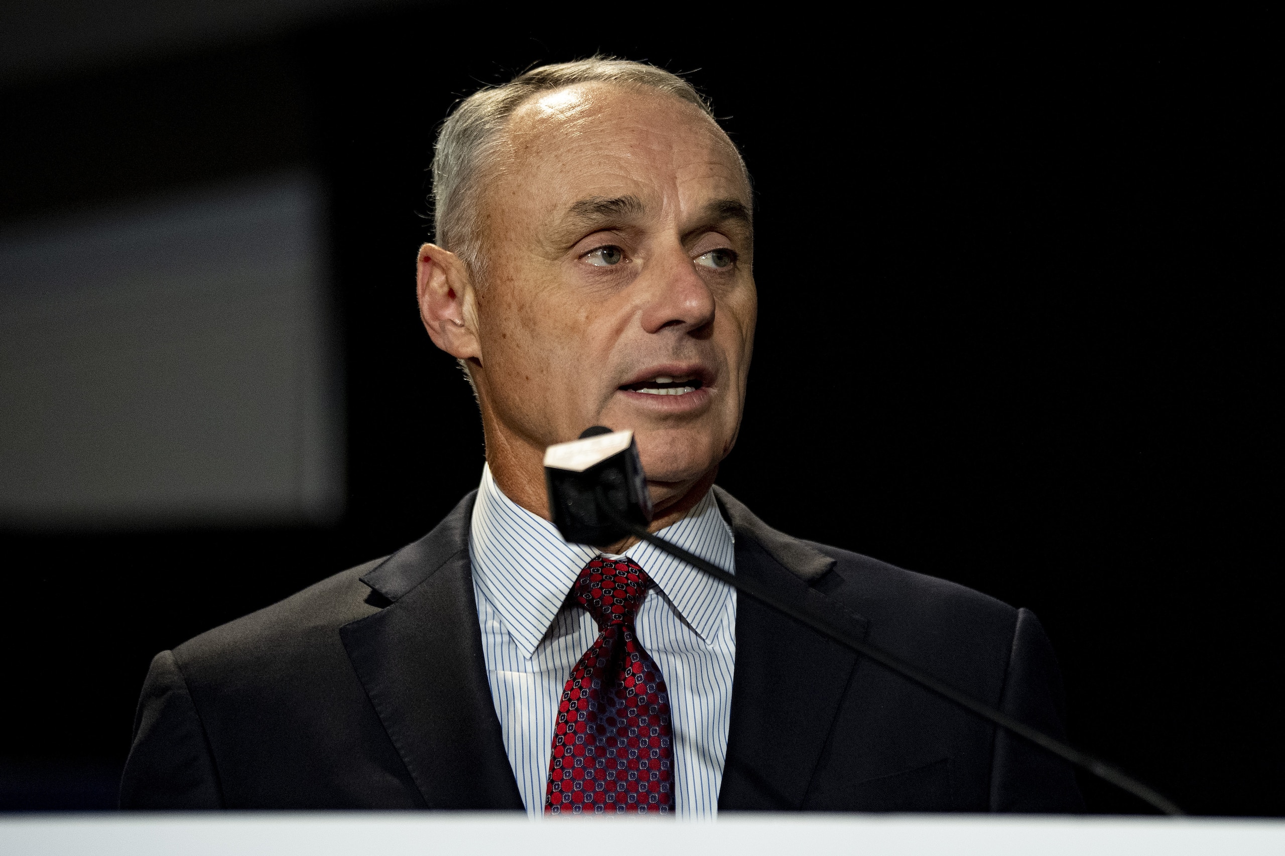 BOSTON, MA - DECEMBER 10: Major League Baseball Commissioner Rob Manfred speaks during the 2019 Major League Baseball Winter Meetings on December 10, 2019 in San Diego, California. (Photo by Billie Weiss/Boston Red Sox/Getty Images)