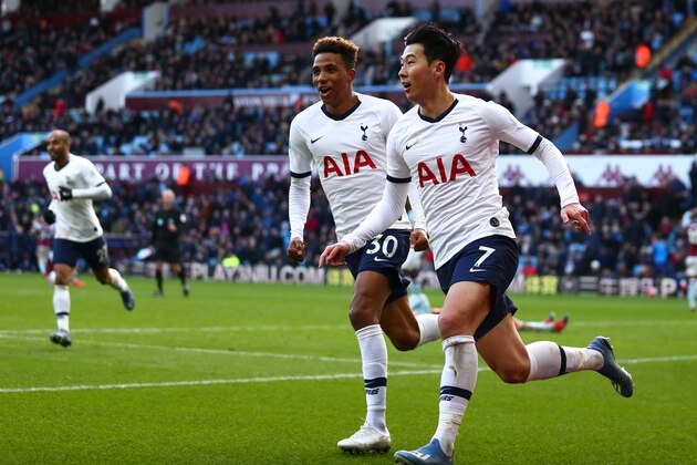 BIRMINGHAM, ENGLAND - FEBRUARY 16: Son Heung-min of Tottenham Hotspur celebrates after scoring a goal to make it 2-3 during the Premier League match between Aston Villa and Tottenham Hotspur at Villa Park on February 16, 2020 in Birmingham, United Kingdom. (Photo by Robbie Jay Barratt - AMA/Getty Images)