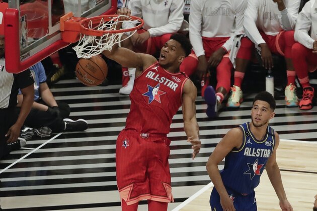 Giannis Antetokounmpo of the Milwaukee Bucks dunks during the first half of the NBA All-Star basketball game Sunday, Feb. 16, 2020, in Chicago. (AP Photo/David Banks)
