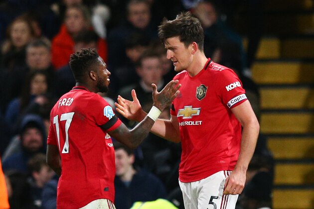 LONDON, ENGLAND - FEBRUARY 17: Harry Maguire of Manchester United celebrates scoring his side's second goal with team mate Fred during the Premier League match between Chelsea FC and Manchester United at Stamford Bridge on February 17, 2020 in London, United Kingdom. (Photo by Craig Mercer/MB Media/Getty Images) LONDON, ENGLAND - FEBRUARY 17: Harry Maguire of Manchester United celebrates scoring his side's second goal with team mate Fred during the Premier League match between Chelsea FC and Manchester United at Stamford Bridge on February 17, 2020 in London, United Kingdom. (Photo by Craig Mercer/MB Media/Getty Images)