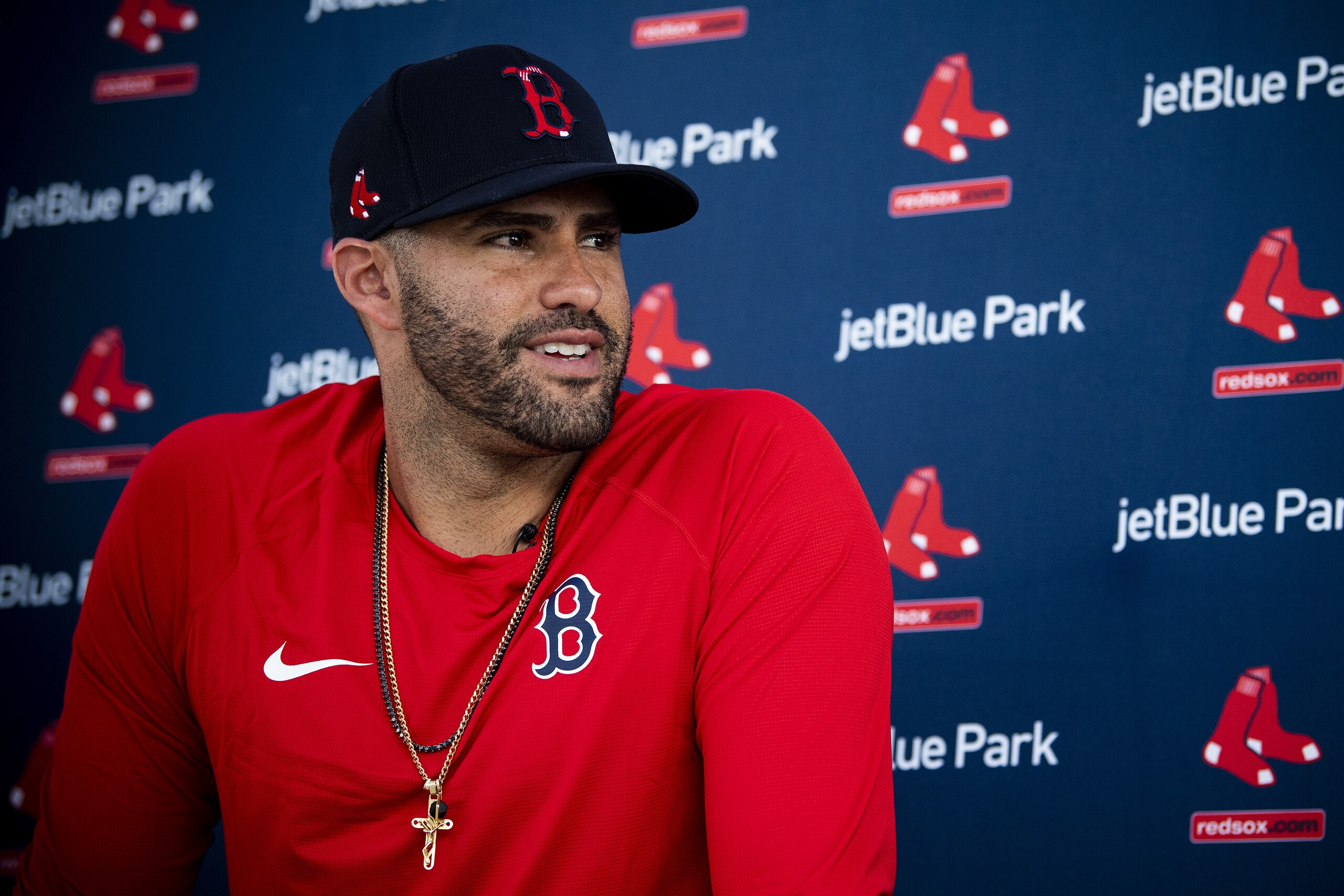 FT. MYERS, FL - FEBRUARY 17: J.D. Martinez #28 the Boston Red Sox speaks to the media during a press conference during a team workout on February 17, 2020 at jetBlue Park at Fenway South in Fort Myers, Florida. (Photo by Billie Weiss/Boston Red Sox/Getty Images)