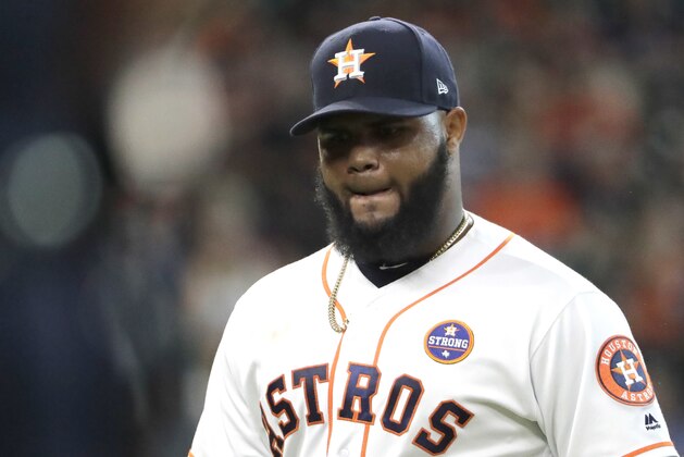 Houston Astros relief pitcher Francis Martes walks toward the dugout after being pulled during the eighth inning of a baseball game against the Seattle Mariners Saturday, Sept. 16, 2017, in Houston. (AP Photo/David J. Phillip) Houston Astros relief pitcher Francis Martes walks toward the dugout after being pulled during the eighth inning of a baseball game against the Seattle Mariners Saturday, Sept. 16, 2017, in Houston. (AP Photo/David J. Phillip)