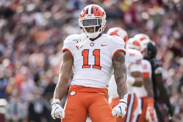 FILE - In this Nov. 30, 2019, file photo, Clemson linebacker Isaiah Simmons (11) celebrates a stop against South Carolina during an NCAA college football game, in Columbia, S.C. Simmons was selected to The Associated Press All-America team, Monday, Dec. 16, 2019.(AP Photo/Sean Rayford, File)