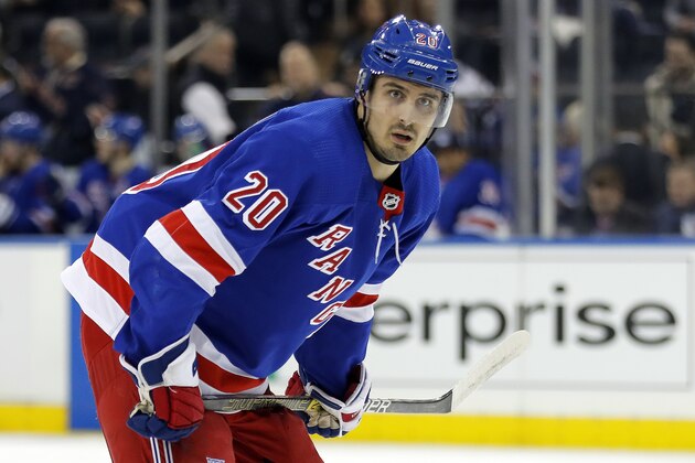 New York Rangers left wing Chris Kreider (20) during a break in action against the Los Angeles Kings in the second period of an NHL hockey game Sunday, Feb. 9, 2020, in New York. (AP Photo/Adam Hunger)