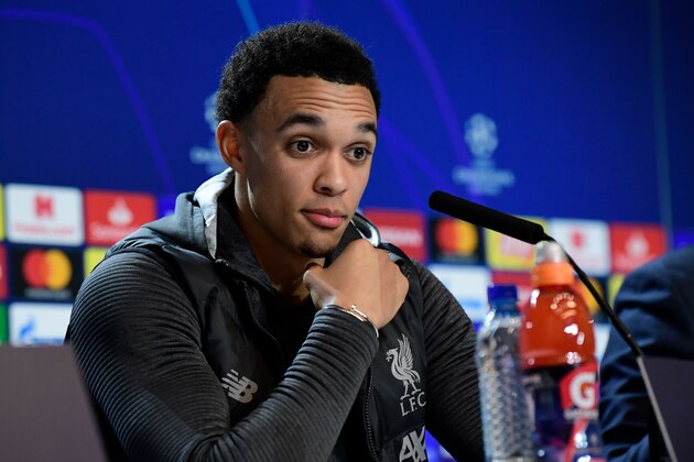 Liverpool's English defender Trent Alexander-Arnold holds a press conference at the Wanda Metropolitano stadium in Madrid on February 17, 2020 on the eve of their Champions League football match against Club Atletico de Madrid. (Photo by JAVIER SORIANO / AFP) (Photo by JAVIER SORIANO/AFP via Getty Images)