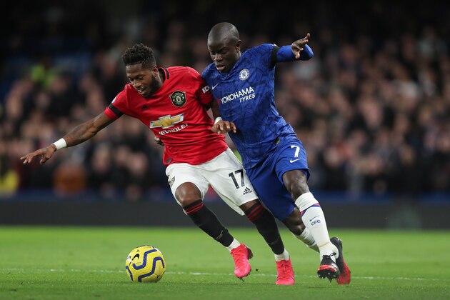 LONDON, ENGLAND - FEBRUARY 17: Fred of Manchester United and NGolo Kante of Chelsea during the Premier League match between Chelsea FC and Manchester United at Stamford Bridge on February 17, 2020 in London, United Kingdom. (Photo by Matthew Ashton - AMA/Getty Images)
