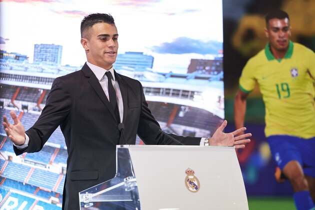 MADRID, SPAIN - FEBRUARY 18: Reinier Jesus of Real Madrid gives a speech as Real Madrid unveil new signing Reinier Jesus Carvalho at Estadio Santiago Bernabeu on February 18, 2020 in Madrid, Spain. (Photo by Mateo Villalba/Quality Sport Images/Getty Images)