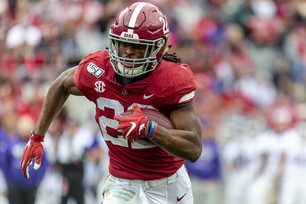 Alabama running back Najee Harris (22) breaks loose for a touchdown against Western Carolina during the first half of an NCAA college football game, Saturday, Nov. 23, 2019, in Tuscaloosa, Ala. (AP Photo/Vasha Hunt)