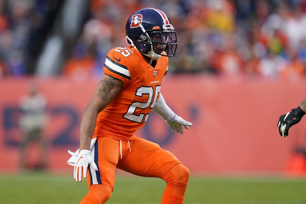 Denver Broncos cornerback Chris Harris (25) lines up against the Detroit Lions during the second half of an NFL football game, Sunday, Dec. 22, 2019, in Denver. (AP Photo/Jack Dempsey)